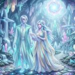 Male and female New Lemurians with iridescent blue-silver hair and luminescent, translucent skin standing together on a path in a massive subterranean crystal city beneath Mount Shasta. The female holds a glowing crystal tablet.