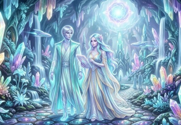 Male and female New Lemurians with iridescent blue-silver hair and luminescent, translucent skin standing together on a path in a massive subterranean crystal city beneath Mount Shasta. The female holds a glowing crystal tablet.