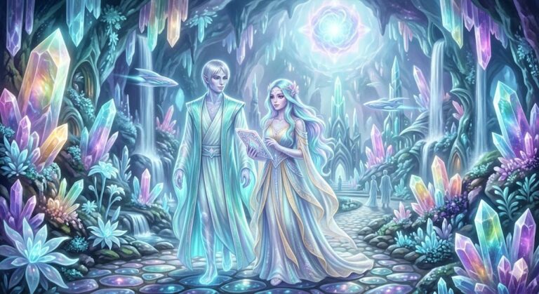 Male and female New Lemurians with iridescent blue-silver hair and luminescent, translucent skin standing together on a path in a massive subterranean crystal city beneath Mount Shasta. The female holds a glowing crystal tablet.