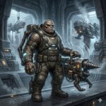 A short, squat Oetian with leathery grey skin and a powerful build. He is wearing industrial exo-rigging and holding a sonic drill. Behind him are blocky Oetian hauler ships in a subterranean mining bay.