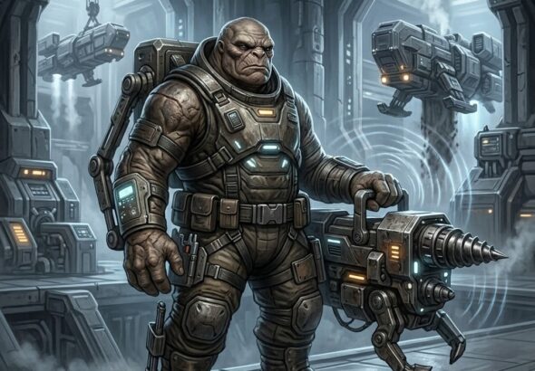 A short, squat Oetian with leathery grey skin and a powerful build. He is wearing industrial exo-rigging and holding a sonic drill. Behind him are blocky Oetian hauler ships in a subterranean mining bay.