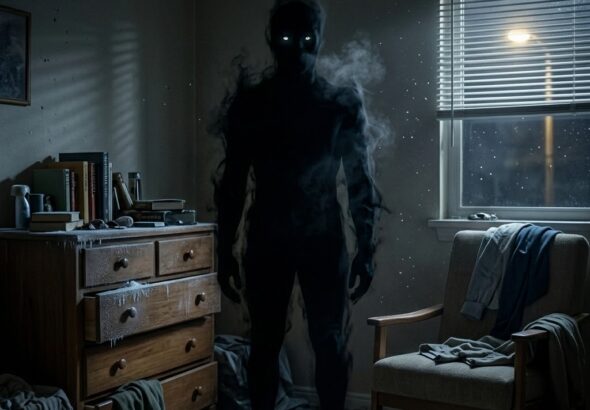A tall, amorphous Oz-ryn entity in shadow form with glowing white eyes standing in a residential room. Frost is visible on nearby surfaces due to thermal absorption, and the entity has a smoky, dissipating edge.