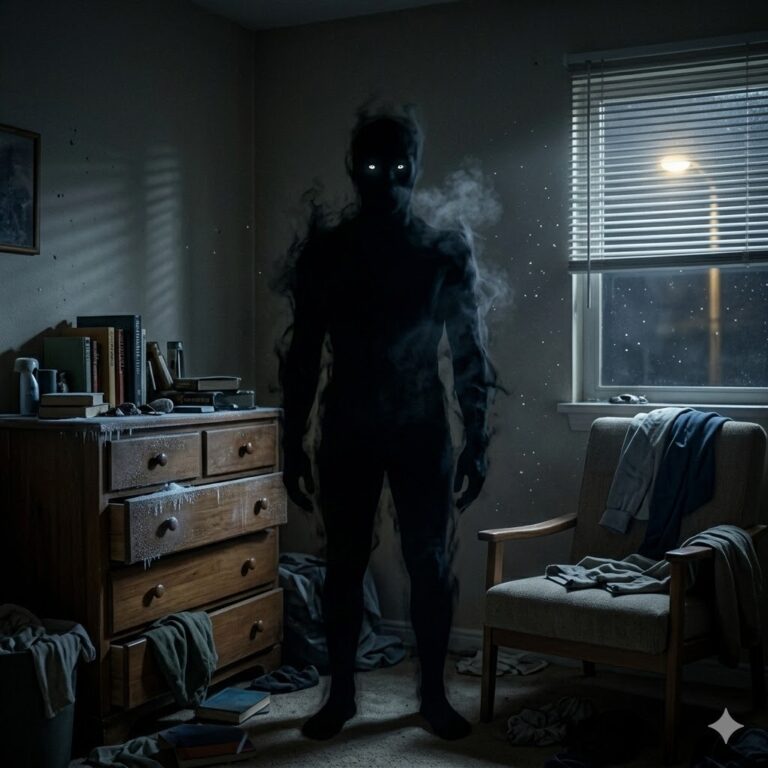 A tall, amorphous Oz-ryn entity in shadow form with glowing white eyes standing in a residential room. Frost is visible on nearby surfaces due to thermal absorption, and the entity has a smoky, dissipating edge.