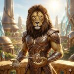 A majestic Q'ntar feline-humanoid with golden fur, a thick auburn mane, and glowing gold eyes. He wears ceremonial bronze armor and stands on a sun-drenched balcony overlooking the golden cities of Theta Centauri