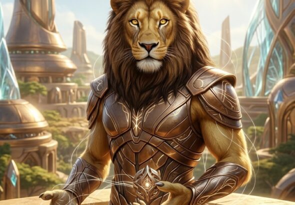 A majestic Q'ntar feline-humanoid with golden fur, a thick auburn mane, and glowing gold eyes. He wears ceremonial bronze armor and stands on a sun-drenched balcony overlooking the golden cities of Theta Centauri