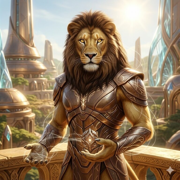 A majestic Q'ntar feline-humanoid with golden fur, a thick auburn mane, and glowing gold eyes. He wears ceremonial bronze armor and stands on a sun-drenched balcony overlooking the golden cities of Theta Centauri
