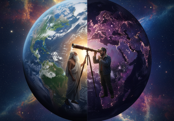 A stunning double-exposure cosmic art piece. One half shows a lush, green Earth-like planet with swirling white clouds. The other half shows a darkened, mysterious "Mirror Earth" with glowing purple city lights, positioned exactly opposite the Sun. Between them, a translucent ancient Greek philosopher (Philolaus) and a 1950s truck driver (Bethurum) are looking through a telescope at the "invisible" world.