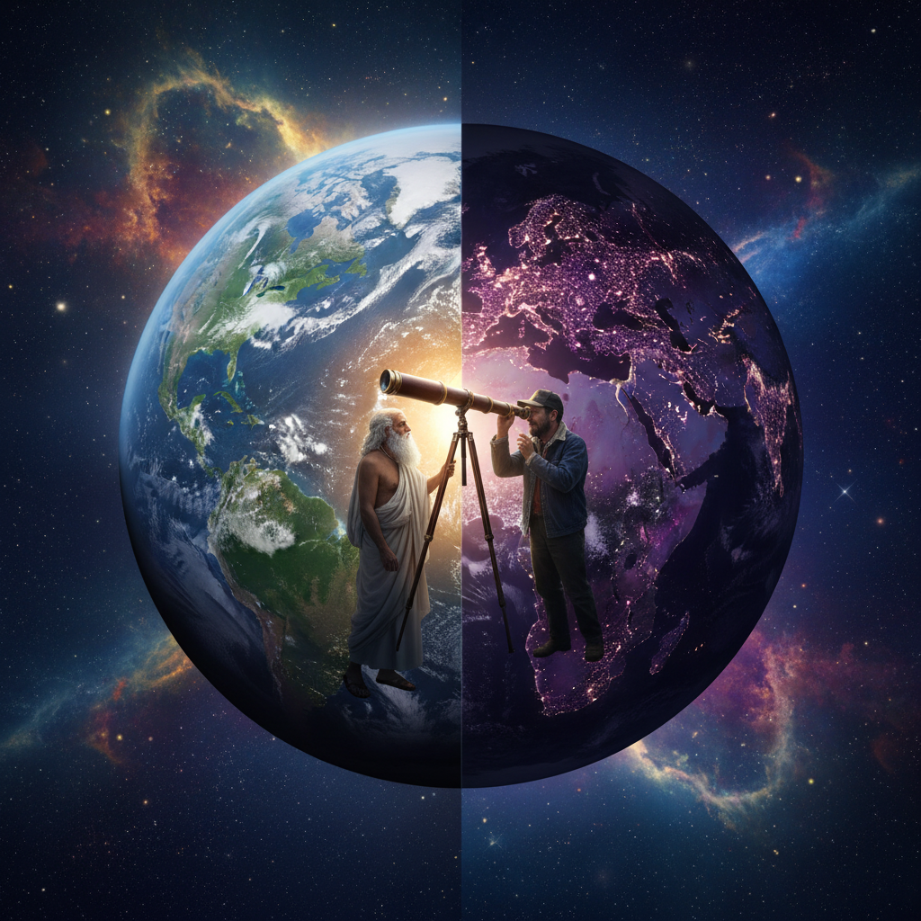 A stunning double-exposure cosmic art piece. One half shows a lush, green Earth-like planet with swirling white clouds. The other half shows a darkened, mysterious "Mirror Earth" with glowing purple city lights, positioned exactly opposite the Sun. Between them, a translucent ancient Greek philosopher (Philolaus) and a 1950s truck driver (Bethurum) are looking through a telescope at the "invisible" world.