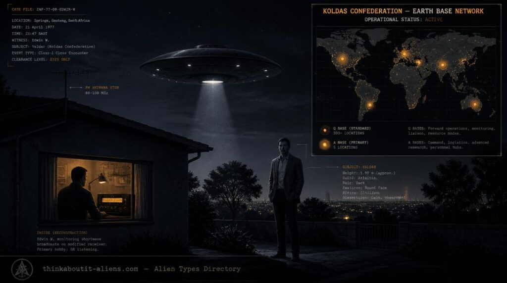 Night scene of a South African house with FM antenna and radio receiver glowing amber, a hovering Astrael-craft disc, commander Valdar standing nearby, and a world map overlay showing 300 Q-base locations