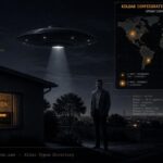 Night scene of a South African house with FM antenna and radio receiver glowing amber, a hovering Astrael-craft disc, commander Valdar standing nearby, and a world map overlay showing 300 Q-base locations