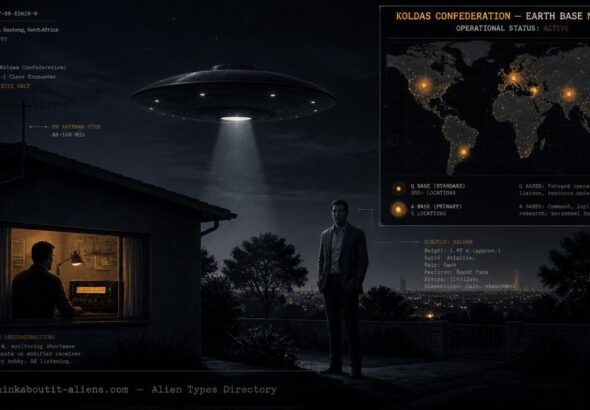 Night scene of a South African house with FM antenna and radio receiver glowing amber, a hovering Astrael-craft disc, commander Valdar standing nearby, and a world map overlay showing 300 Q-base locations