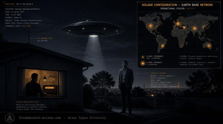 Night scene of a South African house with FM antenna and radio receiver glowing amber, a hovering Astrael-craft disc, commander Valdar standing nearby, and a world map overlay showing 300 Q-base locations