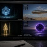 Four surveillance feeds on a curved monitor showing unclassified alien entities — a geometric light structure, a high-speed atmospheric rod, a luminous humanoid silhouette, and a violet plasma orb — with an UNCLASSIFIED label