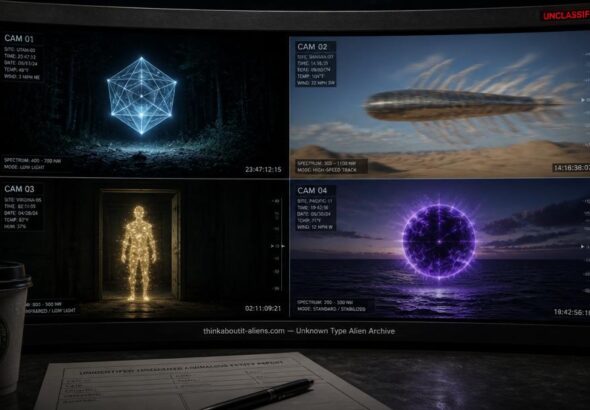 Four surveillance feeds on a curved monitor showing unclassified alien entities — a geometric light structure, a high-speed atmospheric rod, a luminous humanoid silhouette, and a violet plasma orb — with an UNCLASSIFIED label