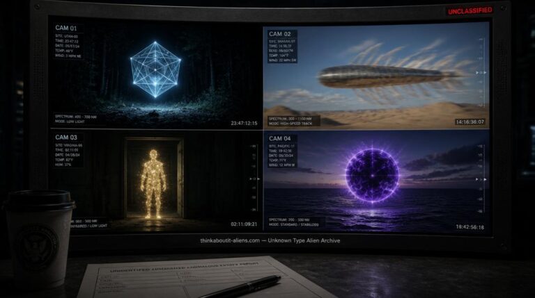 Four surveillance feeds on a curved monitor showing unclassified alien entities — a geometric light structure, a high-speed atmospheric rod, a luminous humanoid silhouette, and a violet plasma orb — with an UNCLASSIFIED label