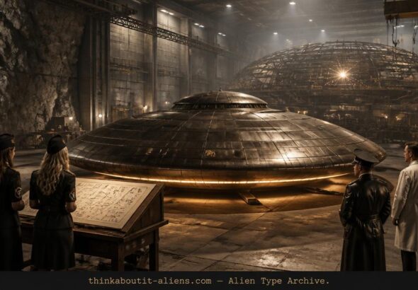 A luminous disc-shaped craft sits in a 1940s German mountain hangar while Vril Society women examine channeled schematics and military officers observe