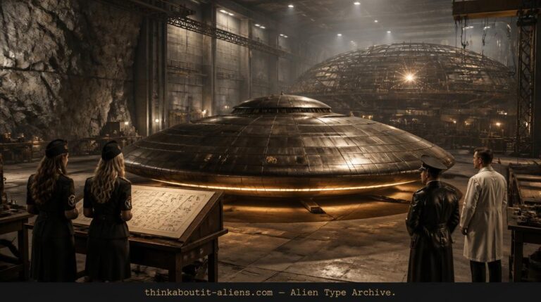 A luminous disc-shaped craft sits in a 1940s German mountain hangar while Vril Society women examine channeled schematics and military officers observe
