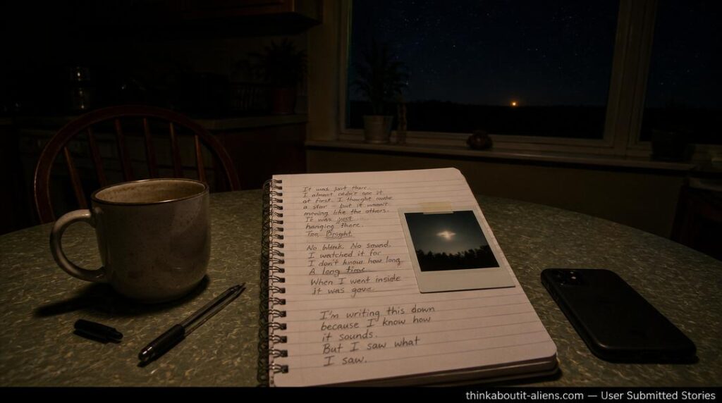 A kitchen table at night with a handwritten notebook, a blurred Polaroid of a luminous sky object, a coffee mug, and a single unexplained amber light visible through the window