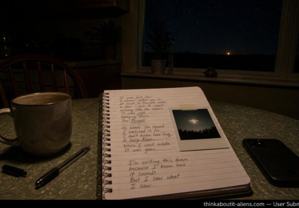 A kitchen table at night with a handwritten notebook, a blurred Polaroid of a luminous sky object, a coffee mug, and a single unexplained amber light visible through the window