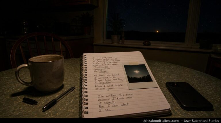 A kitchen table at night with a handwritten notebook, a blurred Polaroid of a luminous sky object, a coffee mug, and a single unexplained amber light visible through the window