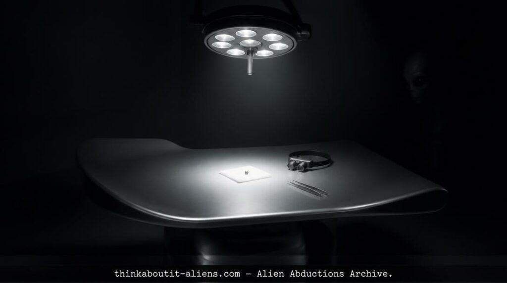 A tiny metallic alien implant rests on surgical gauze under harsh light on a contoured examination table, with the silhouette of a Grey alien barely visible in the surrounding darkness