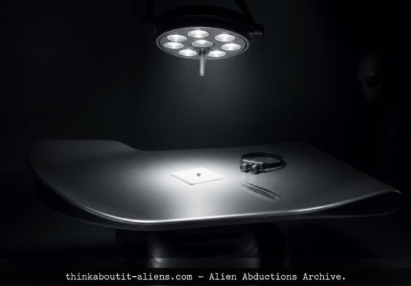 A tiny metallic alien implant rests on surgical gauze under harsh light on a contoured examination table, with the silhouette of a Grey alien barely visible in the surrounding darkness