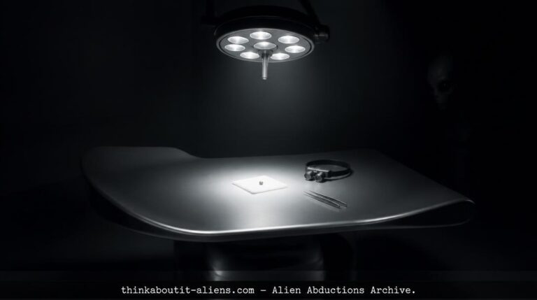 A tiny metallic alien implant rests on surgical gauze under harsh light on a contoured examination table, with the silhouette of a Grey alien barely visible in the surrounding darkness