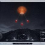 Dossier-style illustration of PURSUE Batch 3 UAP findings showing an orange mother orb deploying smaller red orbs above a mountain installation silhouette with a faint fish-scale-textured object partially visible