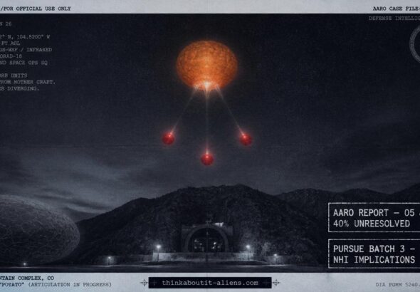 Dossier-style illustration of PURSUE Batch 3 UAP findings showing an orange mother orb deploying smaller red orbs above a mountain installation silhouette with a faint fish-scale-textured object partially visible