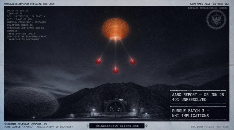 Dossier-style illustration of PURSUE Batch 3 UAP findings showing an orange mother orb deploying smaller red orbs above a mountain installation silhouette with a faint fish-scale-textured object partially visible
