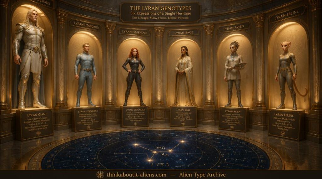 Six Lyran alien genotypes displayed in alcoves — Giant, Caucasian, Red-Haired, Darker-Skinned, Birdlike, and Catlike — in a chamber with a Lyra star map