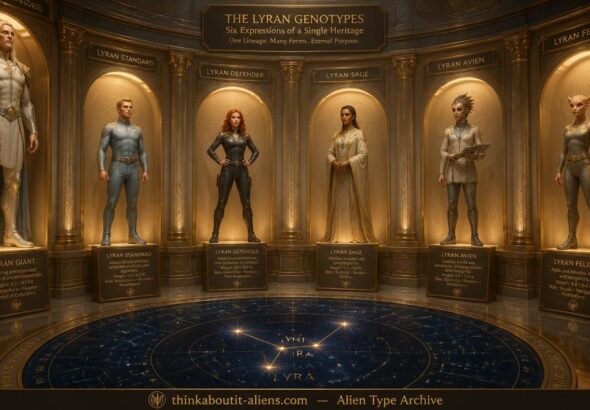 Six Lyran alien genotypes displayed in alcoves — Giant, Caucasian, Red-Haired, Darker-Skinned, Birdlike, and Catlike — in a chamber with a Lyra star map