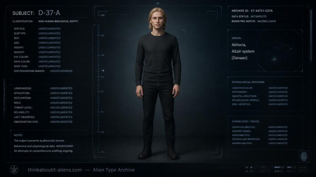 Dossier-style illustration of an Akhori, a blond humanoid from the planet Akhoria in the Altair system