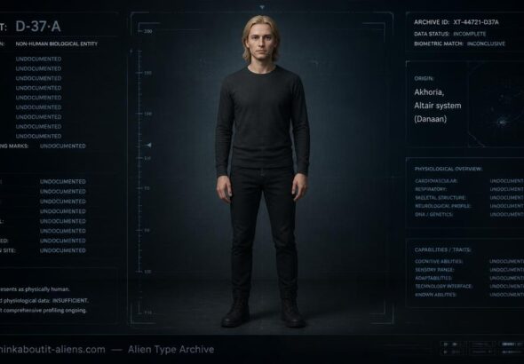 Dossier-style illustration of an Akhori, a blond humanoid from the planet Akhoria in the Altair system