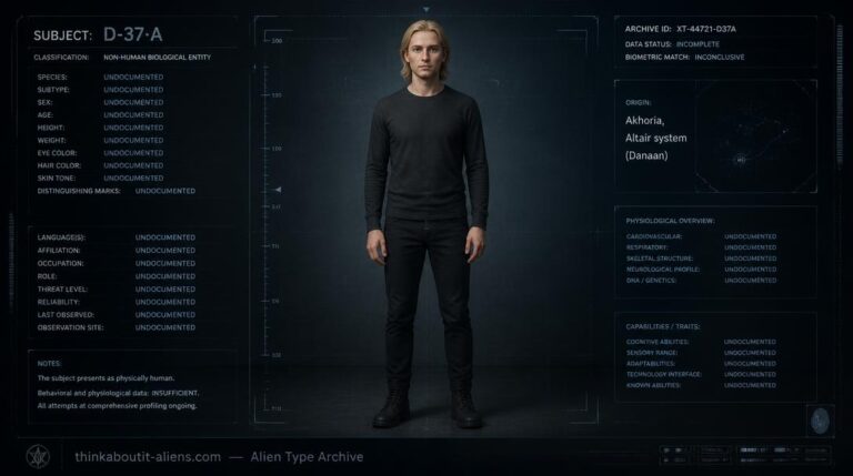 Dossier-style illustration of an Akhori, a blond humanoid from the planet Akhoria in the Altair system