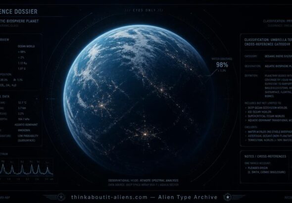 Dossier-style illustration of a mostly ocean-covered planet, representing the Aquafarian homeworld described in SSP-veteran testimony