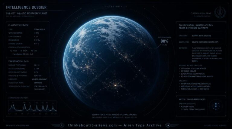 Dossier-style illustration of a mostly ocean-covered planet, representing the Aquafarian homeworld described in SSP-veteran testimony