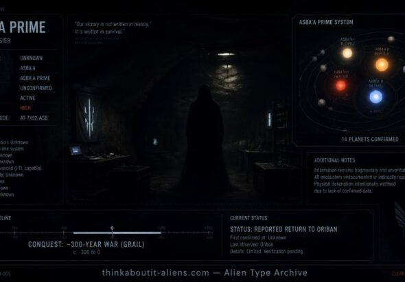 Dossier-style illustration of an underground shelter on Oriban, home of the Asbaan-Hu, with a star map inset of the Asba'a Prime system