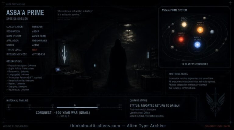 Dossier-style illustration of an underground shelter on Oriban, home of the Asbaan-Hu, with a star map inset of the Asba'a Prime system