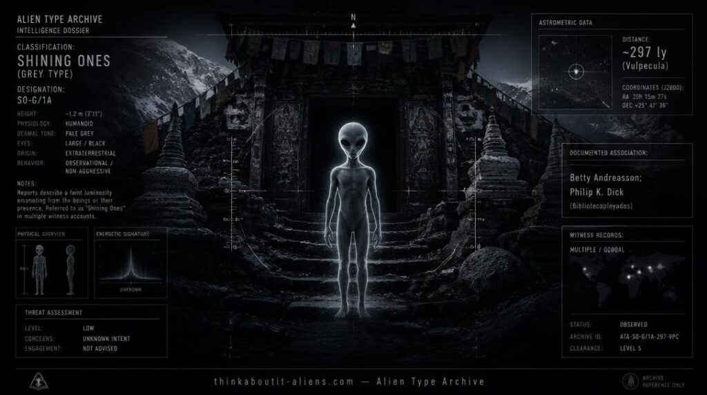 Dossier-style illustration of a Moovianthan-Kay-Phixaka, a small luminous-eyed Grey entity, at a mountain shrine