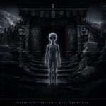 Dossier-style illustration of a Moovianthan-Kay-Phixaka, a small luminous-eyed Grey entity, at a mountain shrine