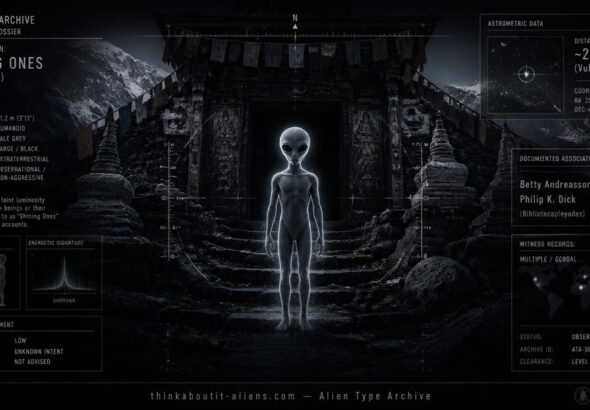 Dossier-style illustration of a Moovianthan-Kay-Phixaka, a small luminous-eyed Grey entity, at a mountain shrine
