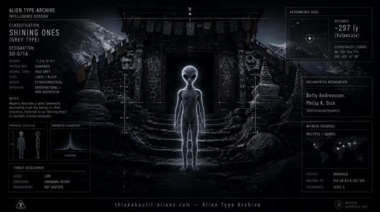Dossier-style illustration of a Moovianthan-Kay-Phixaka, a small luminous-eyed Grey entity, at a mountain shrine