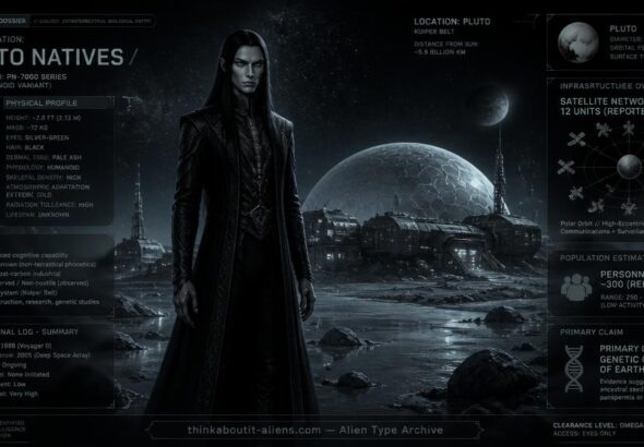 Dossier-style illustration of a Zha.a.mi (Anunnaki) figure near a reported dome-covered outpost on Pluto