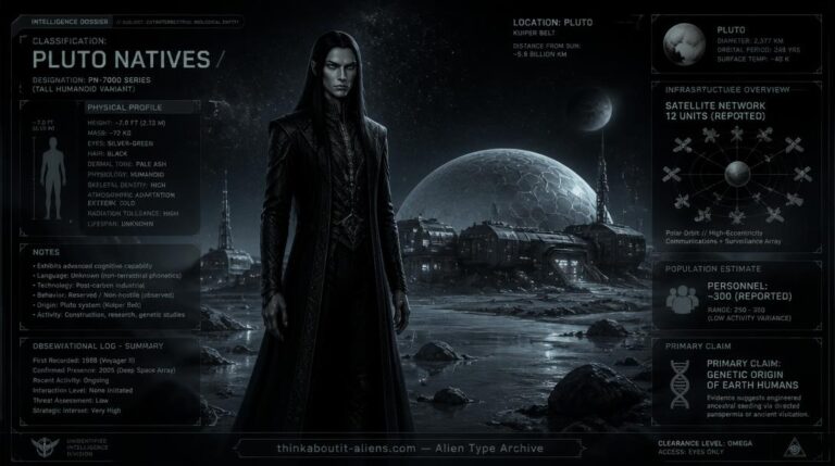 Dossier-style illustration of a Zha.a.mi (Anunnaki) figure near a reported dome-covered outpost on Pluto