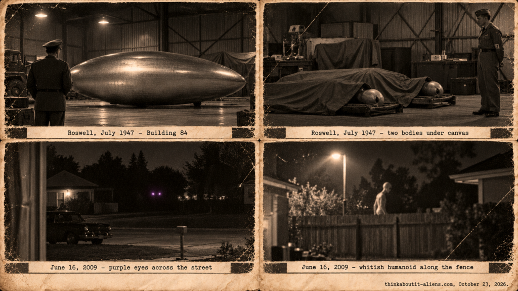 Four vintage-style panels: an egg-shaped craft in Building 84 at Roswell in July 1947, two bodies under a tarp, purple eyes across a street and a whitish humanoid on June 16, 2009.