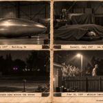 Four vintage-style panels: an egg-shaped craft in Building 84 at Roswell in July 1947, two bodies under a tarp, purple eyes across a street and a whitish humanoid on June 16, 2009.
